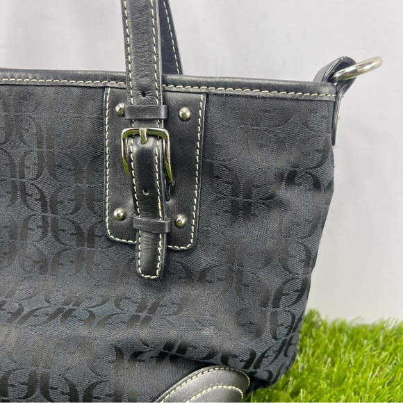Fossil Black Leather Monogrammed Fabric Canvas Small Tote Satchel Handbag Purse - Picture 6 of 14